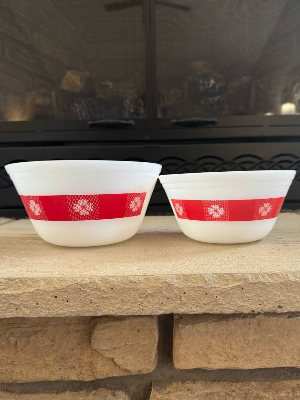 Vintage 1960’s Federal Glass Milk Glass Bowls with Red Floral Band - Set of 2